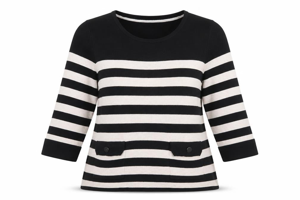 Marks and Spencer Womens Black Round Neck Striped Polyamide Pullover Jumper Size 14