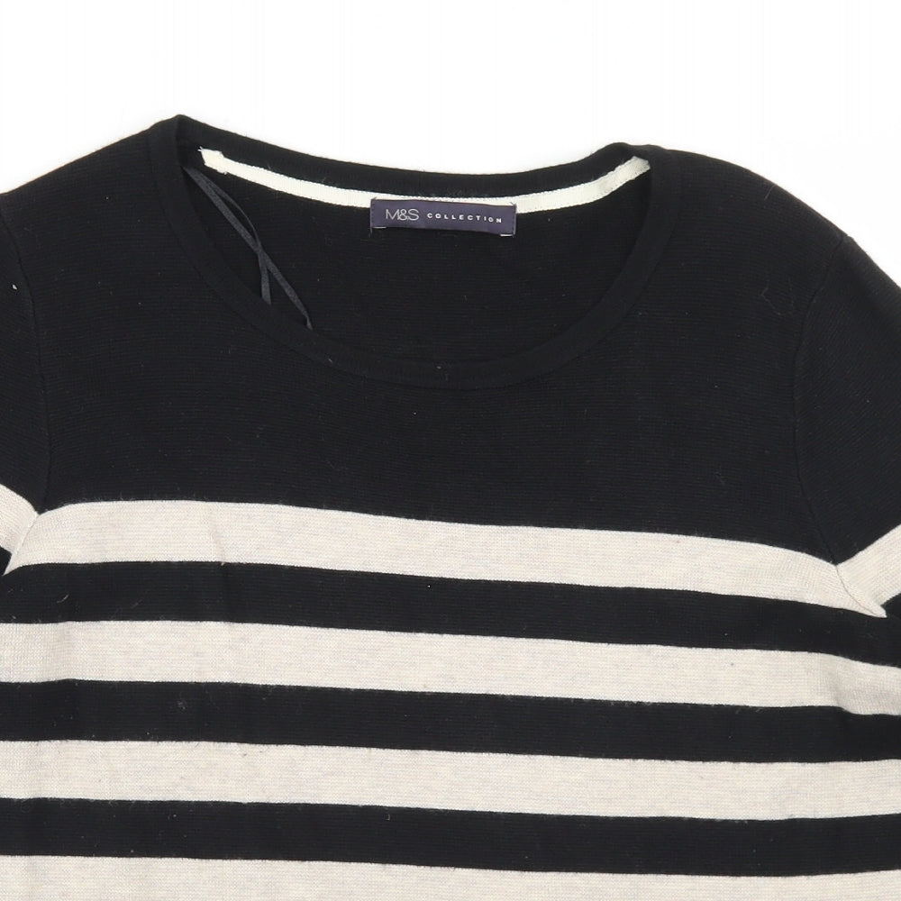 Marks and Spencer Womens Black Round Neck Striped Polyamide Pullover Jumper Size 14