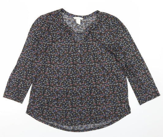 H&M Womens Black Floral Polyester Basic T-Shirt Size S Round Neck