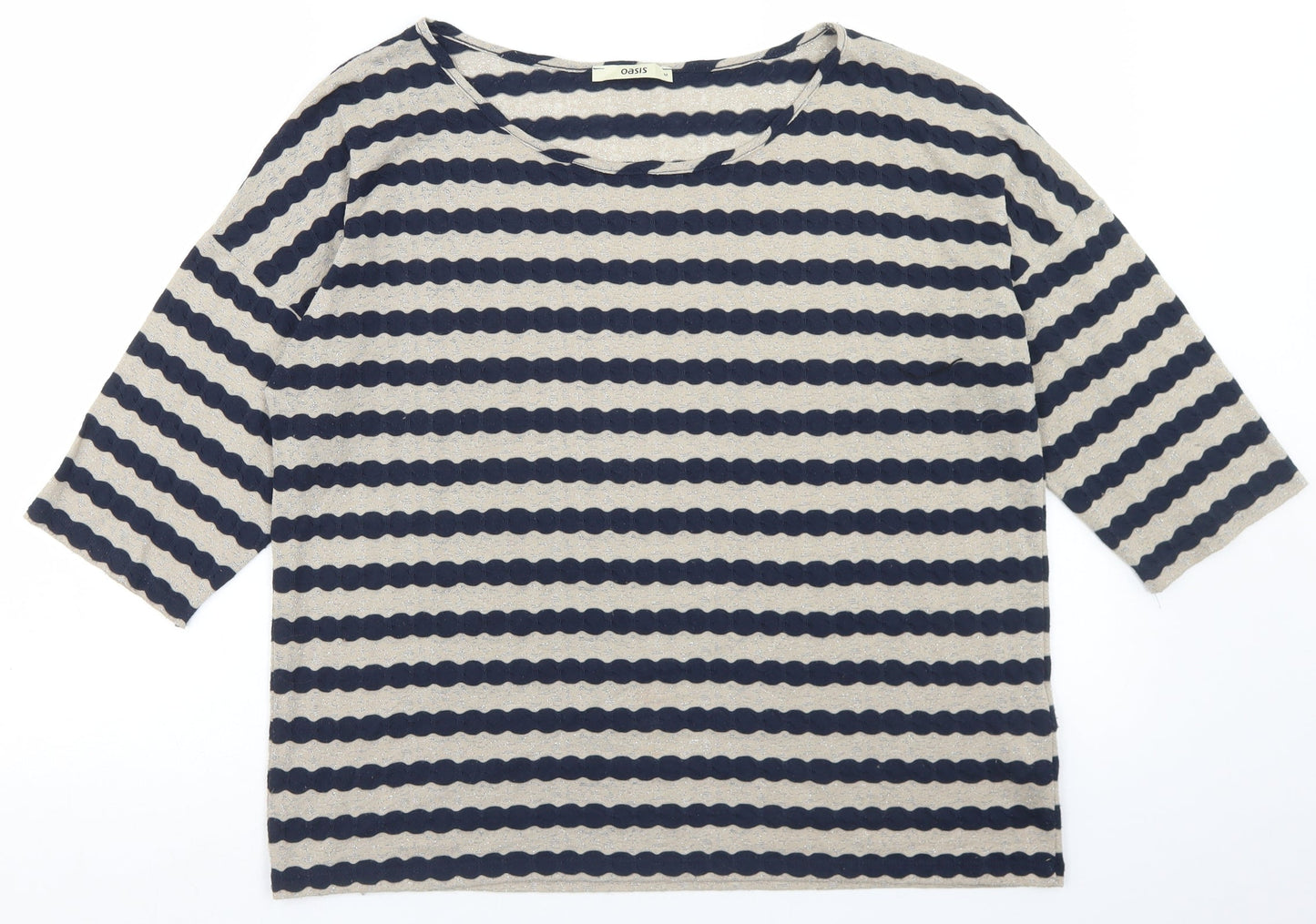 Oasis Womens Beige Striped Polyester Basic T-Shirt Size M Round Neck