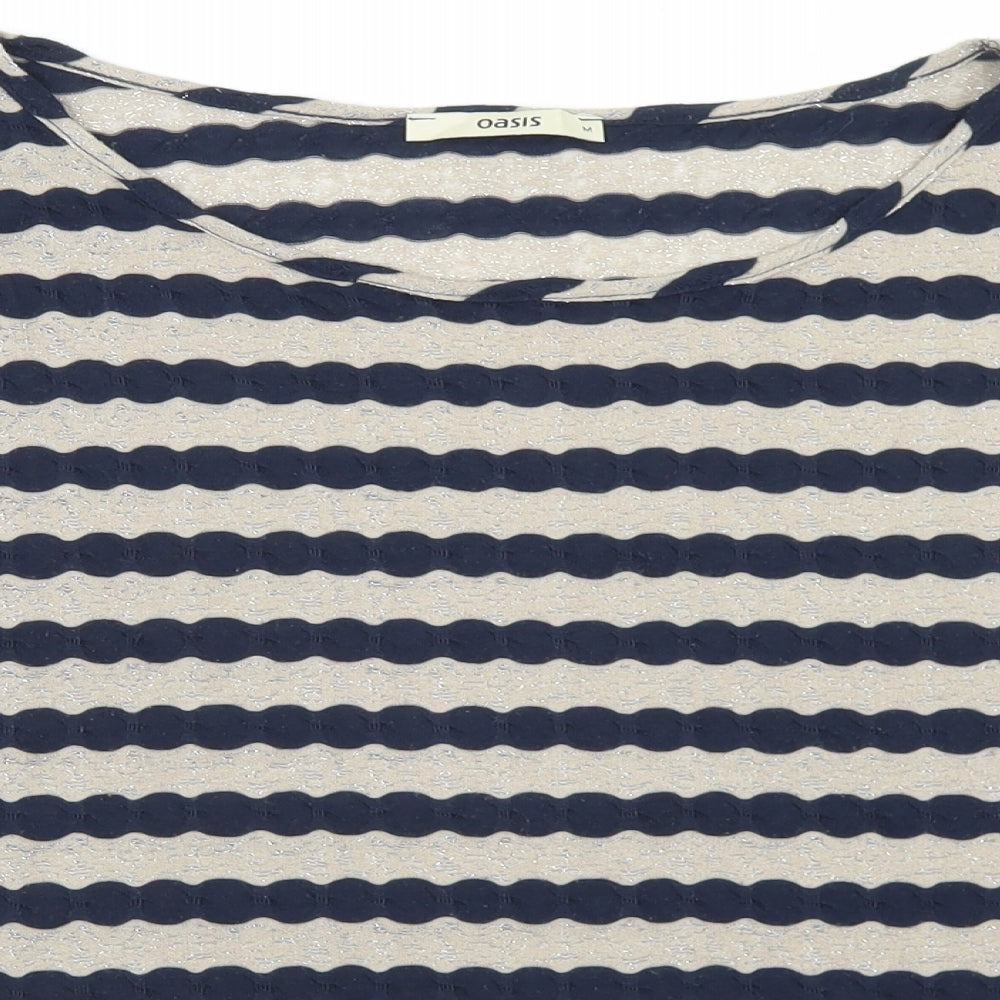 Oasis Womens Beige Striped Polyester Basic T-Shirt Size M Round Neck