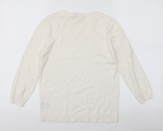 Oasis Womens Ivory Round Neck  Cotton Pullover Jumper Size S