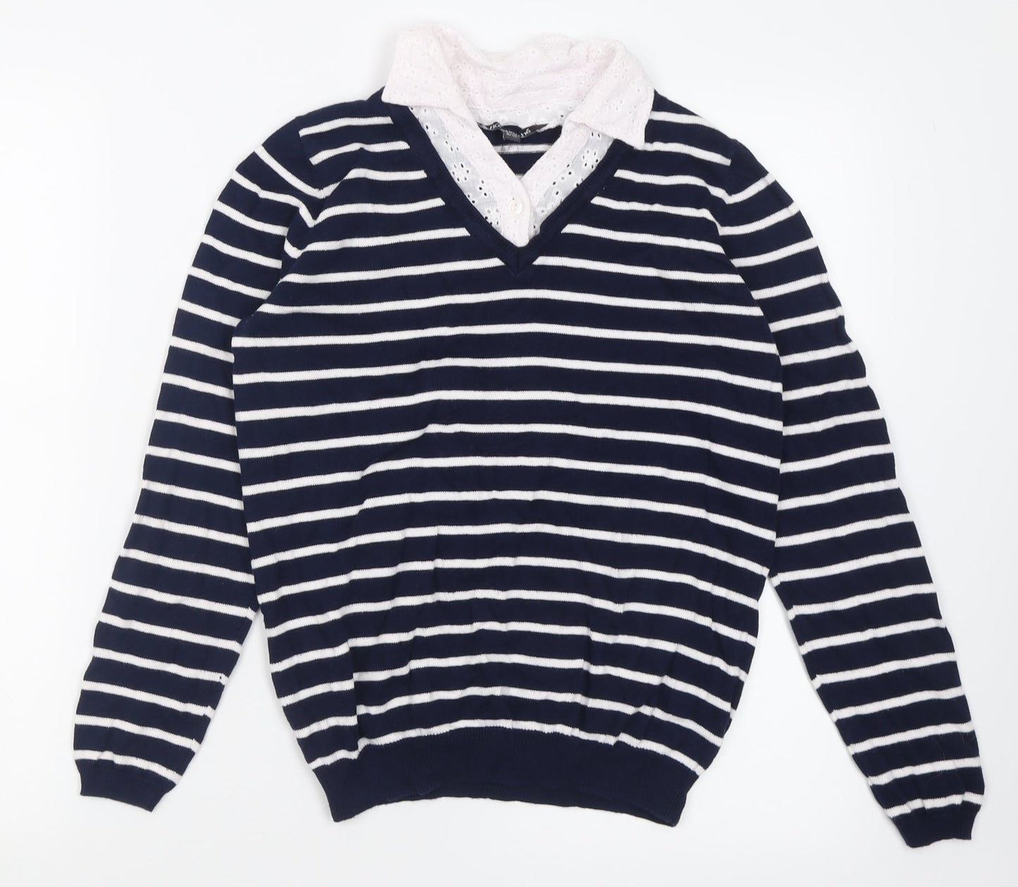 bonmarch Womens Blue Collared Striped Cotton Pullover Jumper Size 8