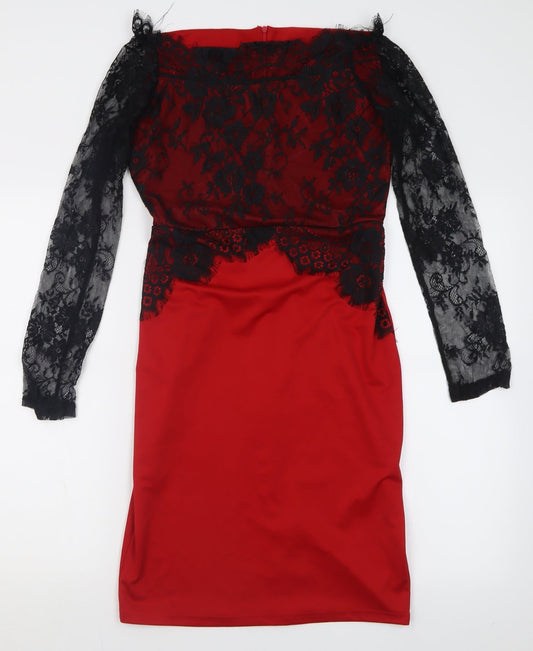 Preworn Womens Red  Cotton Bodycon  Size L  Off the Shoulder Zip - Lace Detail