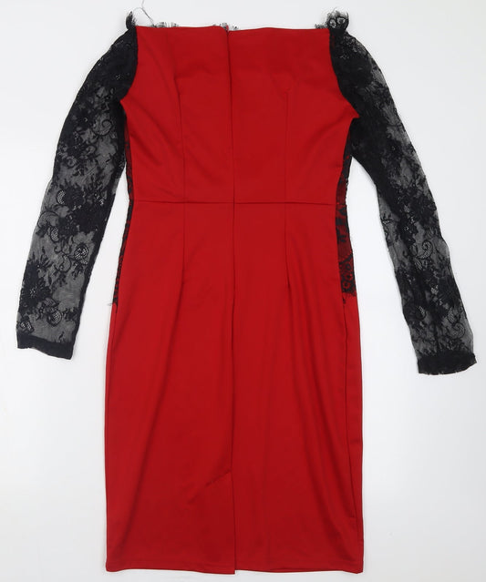 Preworn Womens Red  Cotton Bodycon  Size L  Off the Shoulder Zip - Lace Detail