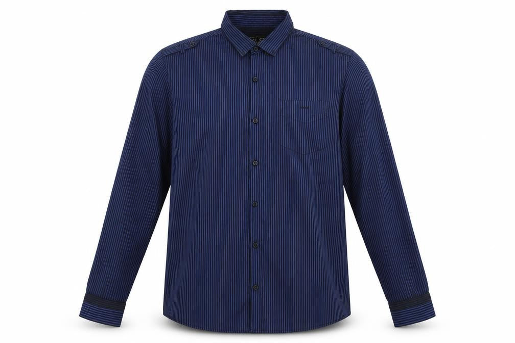 River Island Mens Blue Striped Polyester  Button-Up Size L Collared Button