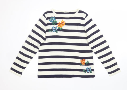 Bonmarché Womens Multicoloured Round Neck Striped Acrylic Pullover Jumper Size S   - Embroidered flowers