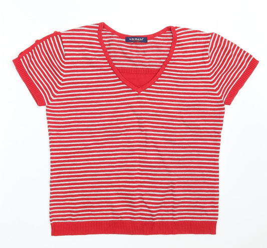 LiQiMaNa Womens Red V-Neck Striped Acrylic Pullover Jumper Size M