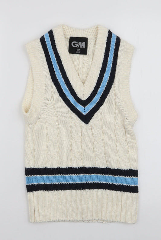 GM Womens White V-Neck Striped Acrylic Pullover Jumper Size S