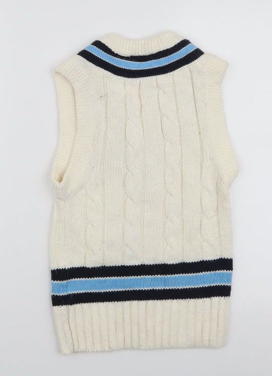GM Womens White V-Neck Striped Acrylic Pullover Jumper Size S