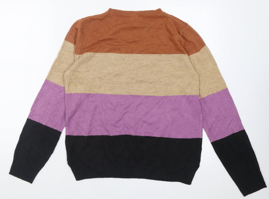 Marks and Spencer Womens Brown Crew Neck Striped Acrylic Pullover Jumper Size 10