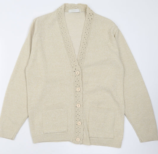 Classic Womens Beige V-Neck  Acrylic Cardigan Jumper Size M