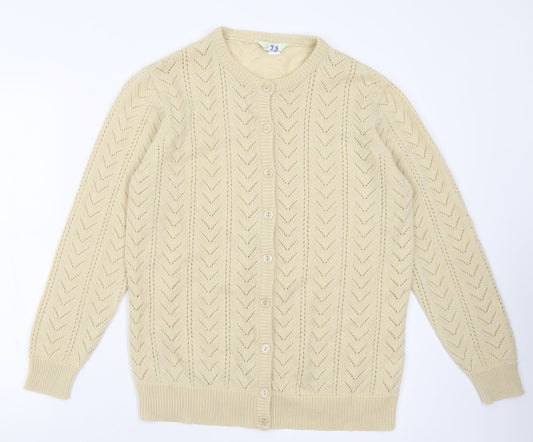 Classic Womens Ivory Crew Neck Geometric Acrylic Cardigan Jumper Size 12