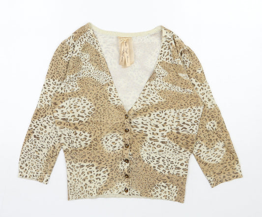 Evie  Womens Beige V-Neck Animal Print Viscose Cardigan Jumper Size 14