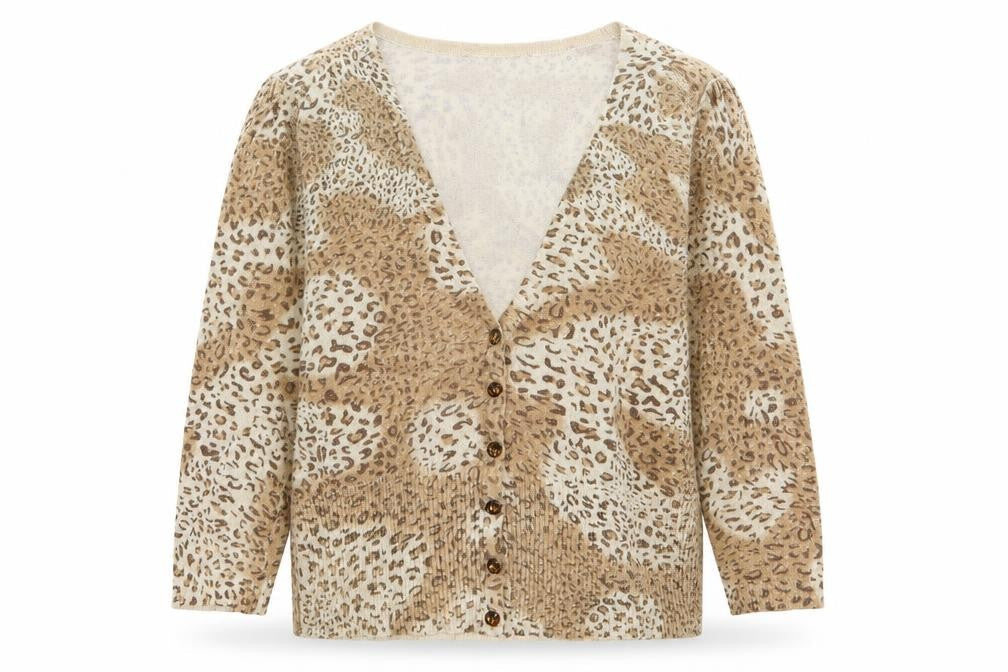 Evie  Womens Beige V-Neck Animal Print Viscose Cardigan Jumper Size 14