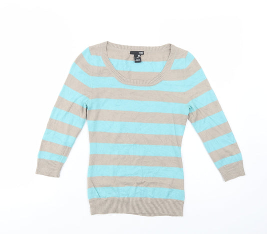 H&M Womens Blue Scoop Neck Striped Acrylic Pullover Jumper Size XS