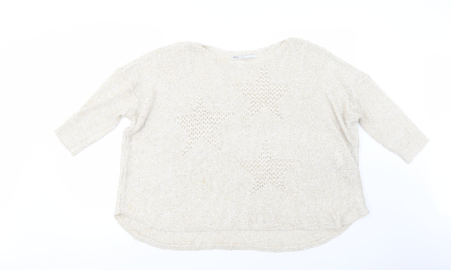 Only Womens Beige Boat Neck  Acrylic Pullover Jumper Size L