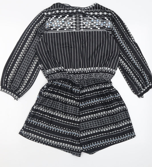 Preworn Womens Black Geometric Polyester Playsuit One-Piece Size L  Tie