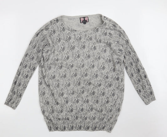Ribbon Womens Grey Round Neck Animal Print Polyester Pullover Jumper Size 12