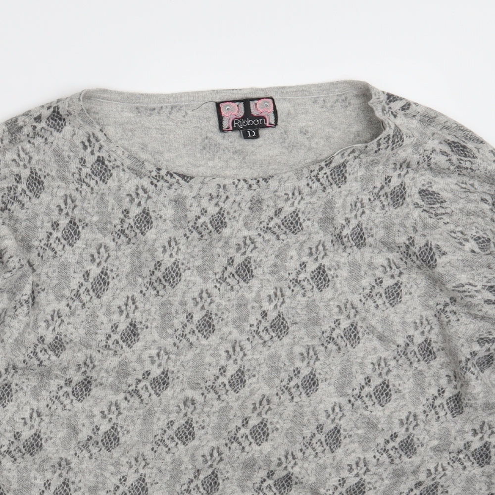 Ribbon Womens Grey Round Neck Animal Print Polyester Pullover Jumper Size 12