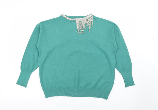 beauty Women Womens Green Crew Neck  Viscose Pullover Jumper Size L