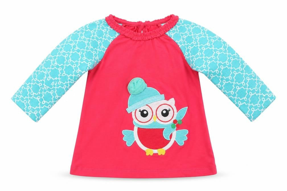 Ollie's Place Baby Pink Geometric Cotton Pullover T-Shirt Size 6-9 Months Crew Neck Button - Cute Owl