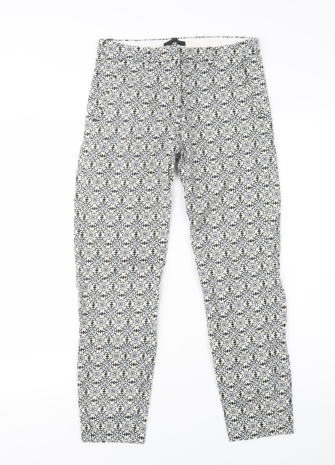 H&M Womens Blue Geometric Cotton Trousers  Size 6 L26 in Regular Button