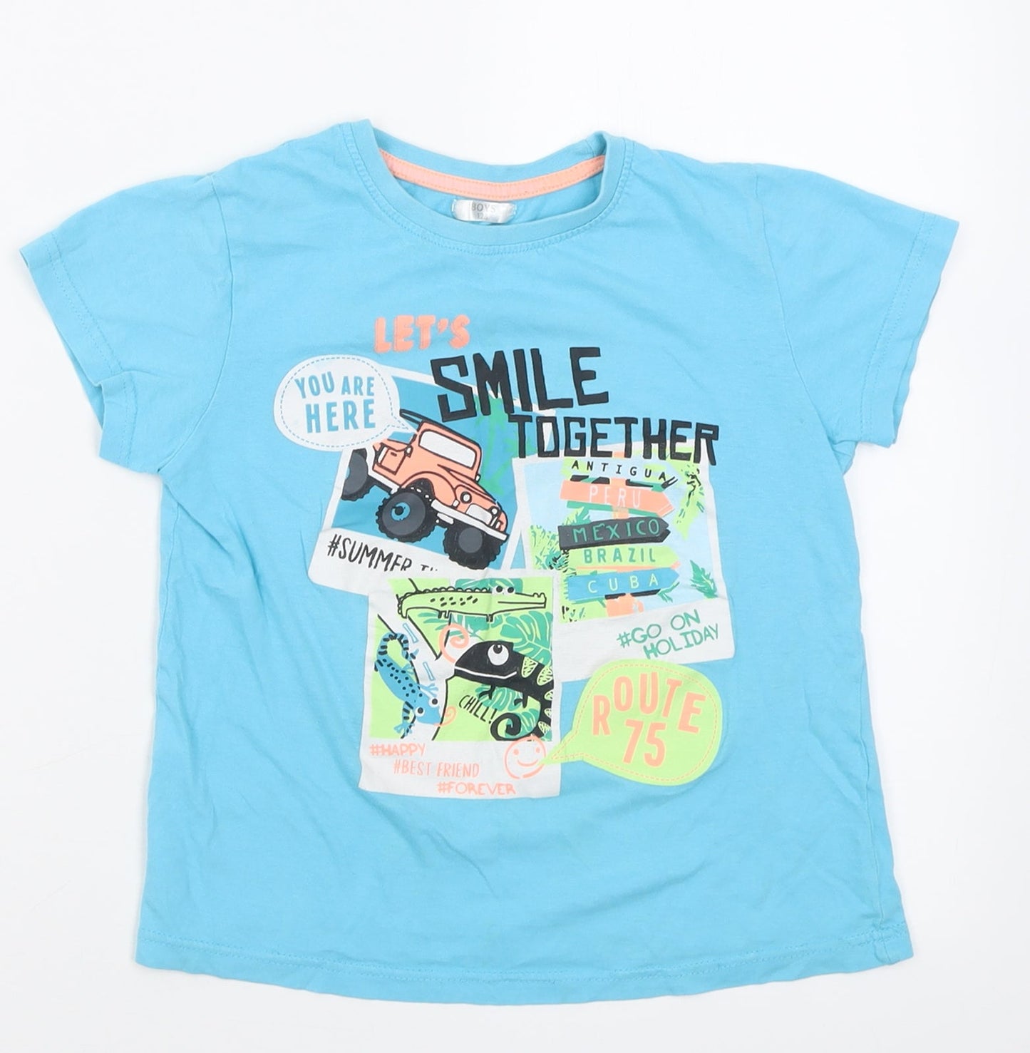 Preworn Boys Blue  Cotton Basic T-Shirt Size 8 Years Crew Neck Pullover - Lets smile together