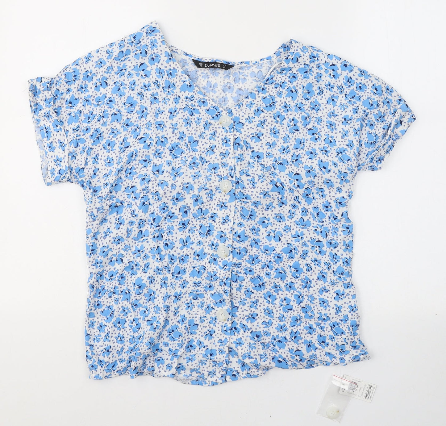 Dunnes Stores Womens Blue Floral Viscose Basic T-Shirt Size XS V-Neck