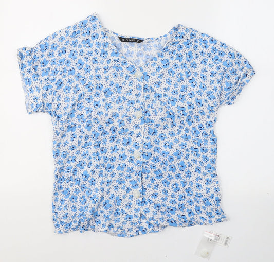 Dunnes Stores Womens Blue Floral Viscose Basic T-Shirt Size XS V-Neck