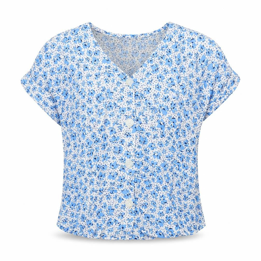 Dunnes Womens Blue Floral Viscose Basic T-Shirt Size XS V-Neck