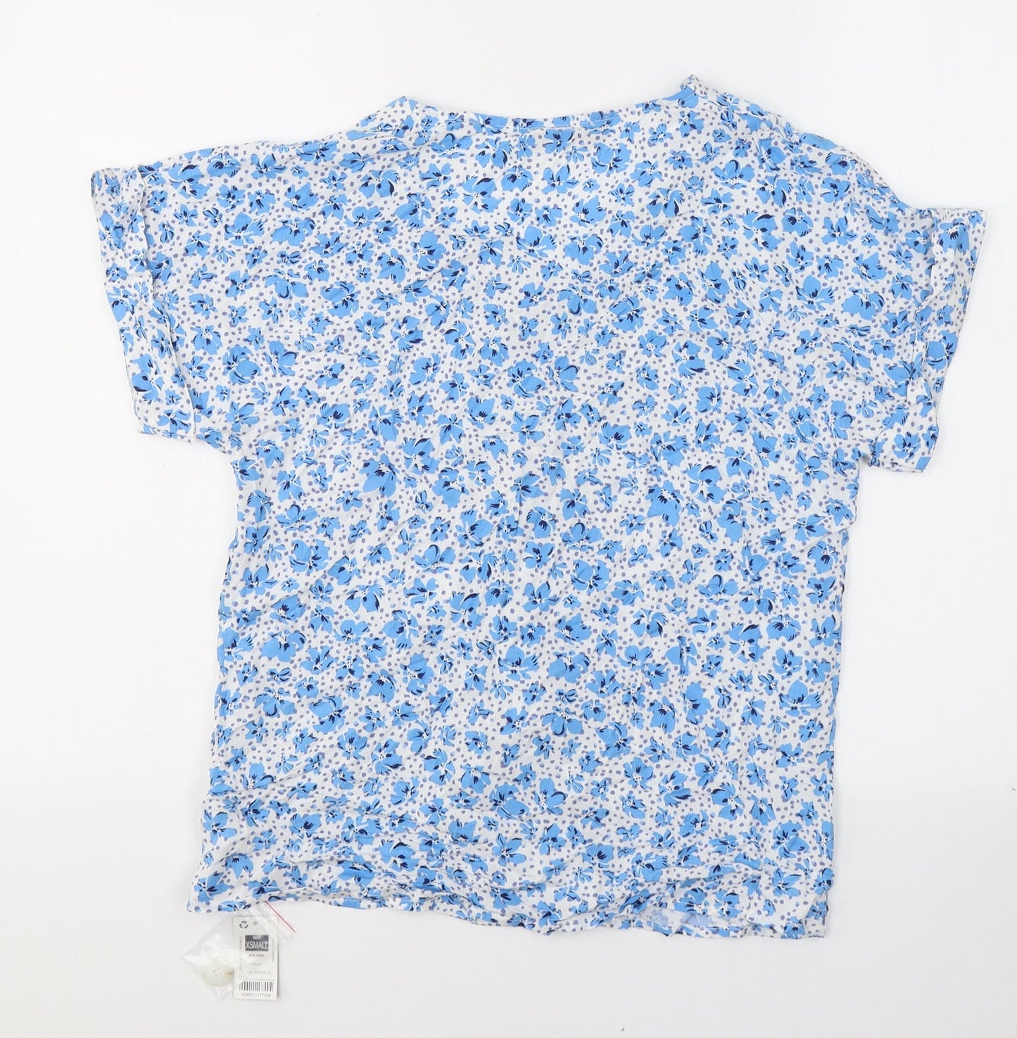 Dunnes Stores Womens Blue Floral Viscose Basic T-Shirt Size XS V-Neck