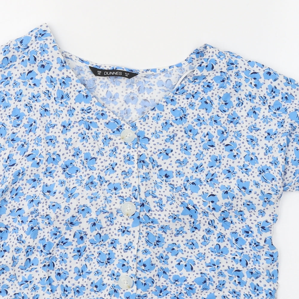 Dunnes Stores Womens Blue Floral Viscose Basic T-Shirt Size XS V-Neck