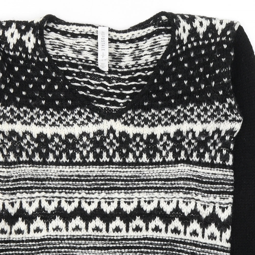 Aeropostale Womens Black V-Neck Geometric Acrylic Pullover Jumper Size S
