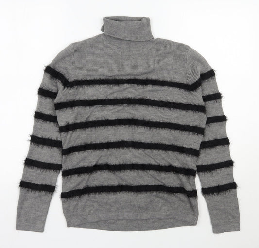 Therapy Womens Grey Roll Neck Striped Acrylic Pullover Jumper Size M