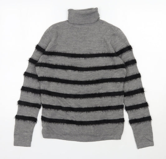 Therapy Womens Grey Roll Neck Striped Acrylic Pullover Jumper Size M