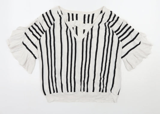 NEXT Womens White Round Neck Striped Viscose Pullover Jumper Size 16