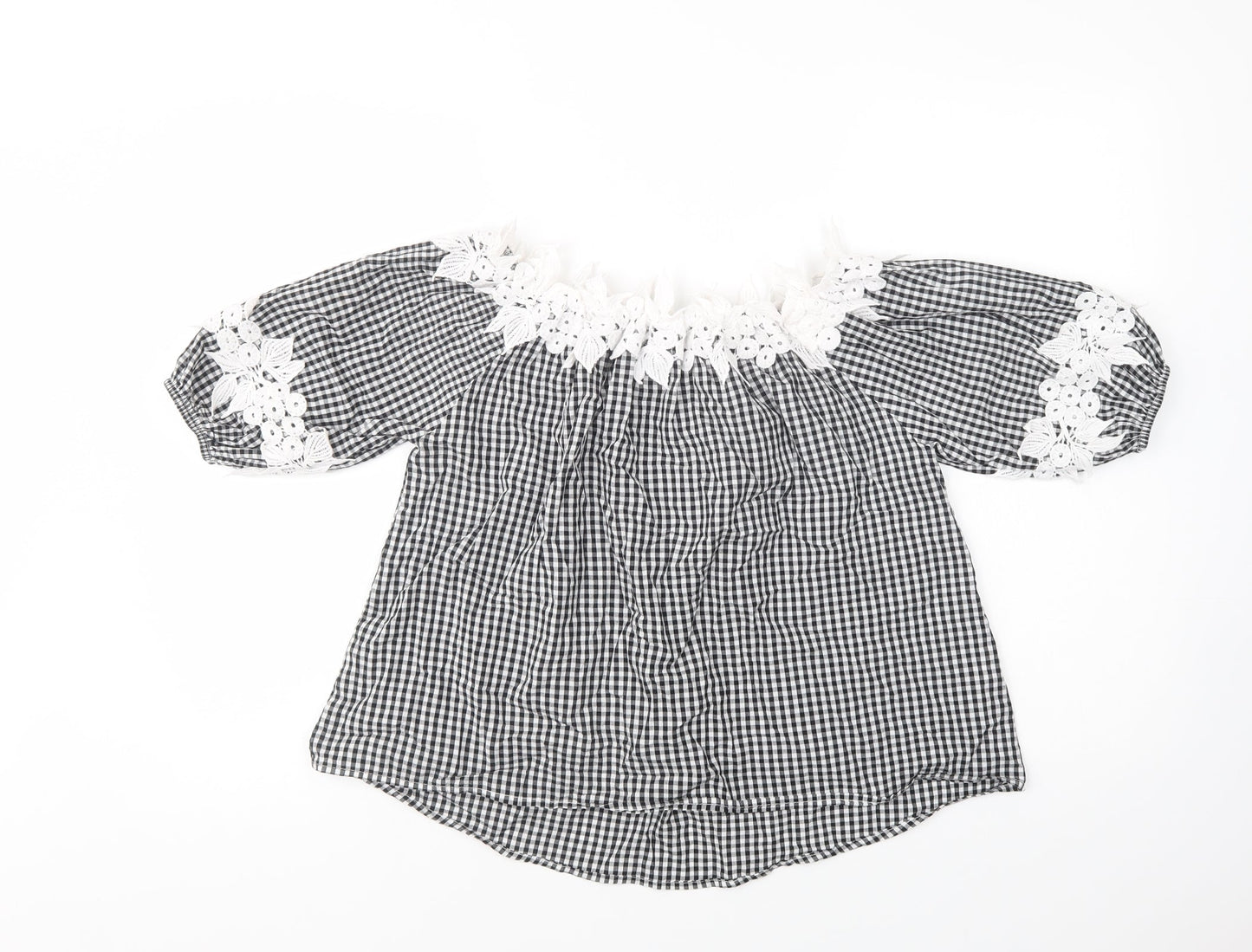 Preworn Womens Black Check Cotton Basic Blouse Size M Off the Shoulder - Lace Detail