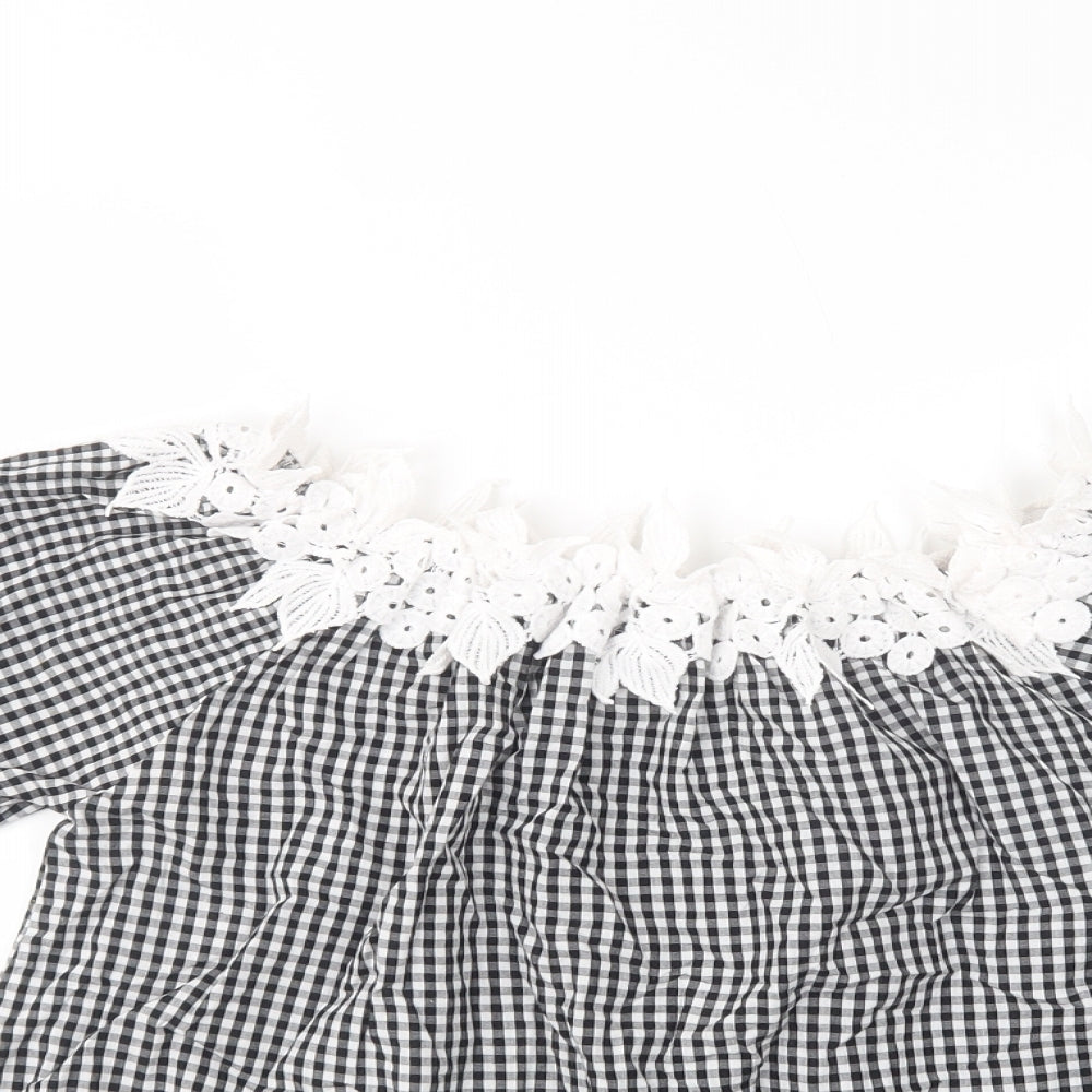 Preworn Womens Black Check Cotton Basic Blouse Size M Off the Shoulder - Lace Detail