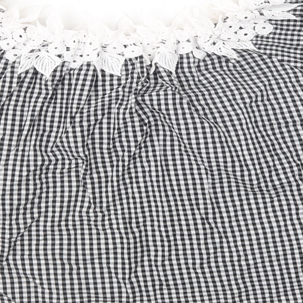 Preworn Womens Black Check Cotton Basic Blouse Size M Off the Shoulder - Lace Detail