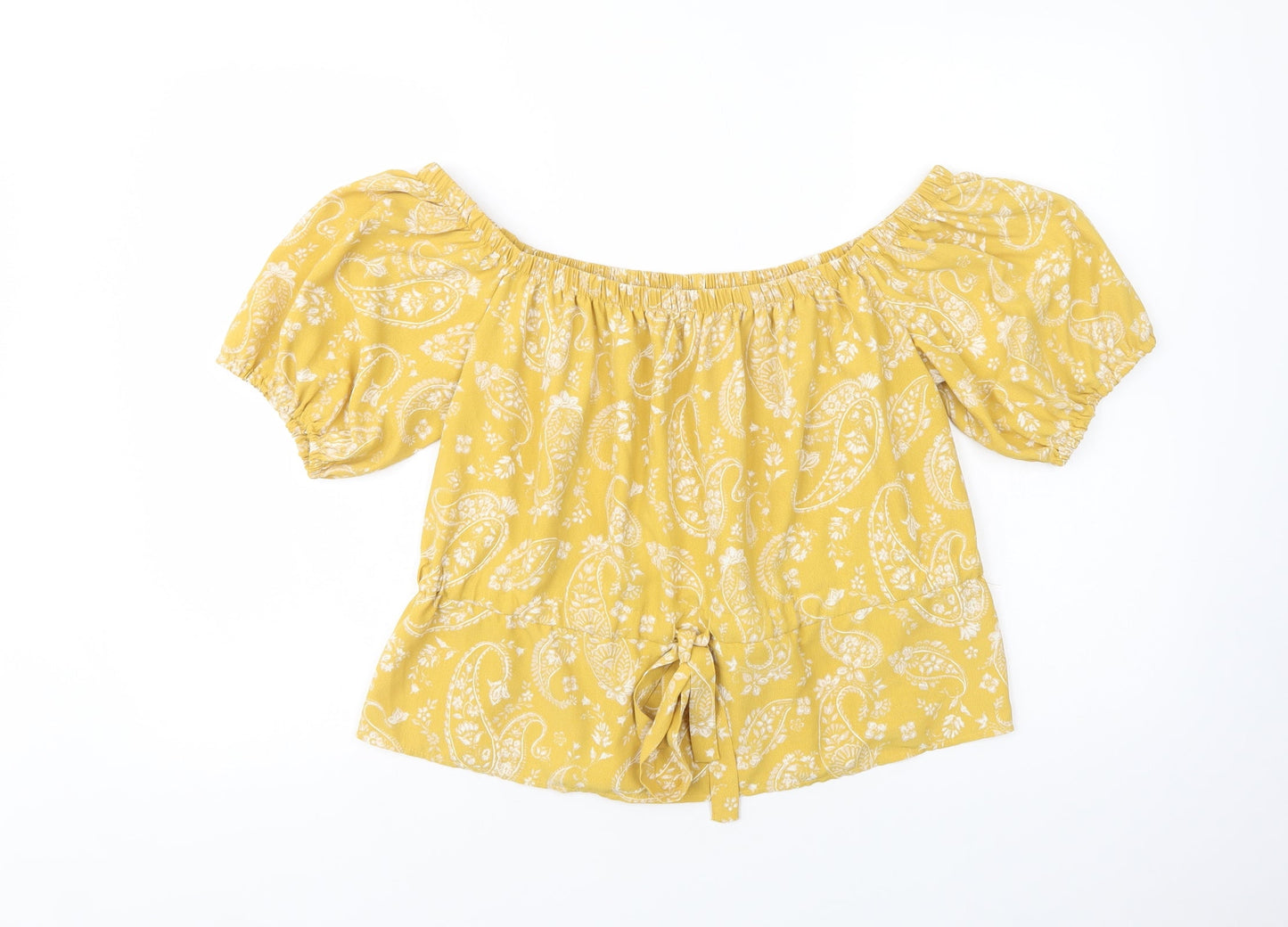 Preworn Womens Yellow Paisley Polyester Basic Blouse Size M Off the Shoulder