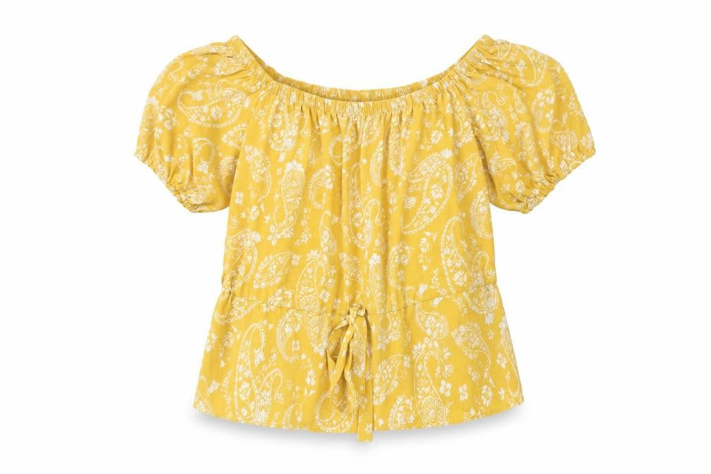 Preworn Womens Yellow Paisley Polyester Basic Blouse Size M Off the Shoulder