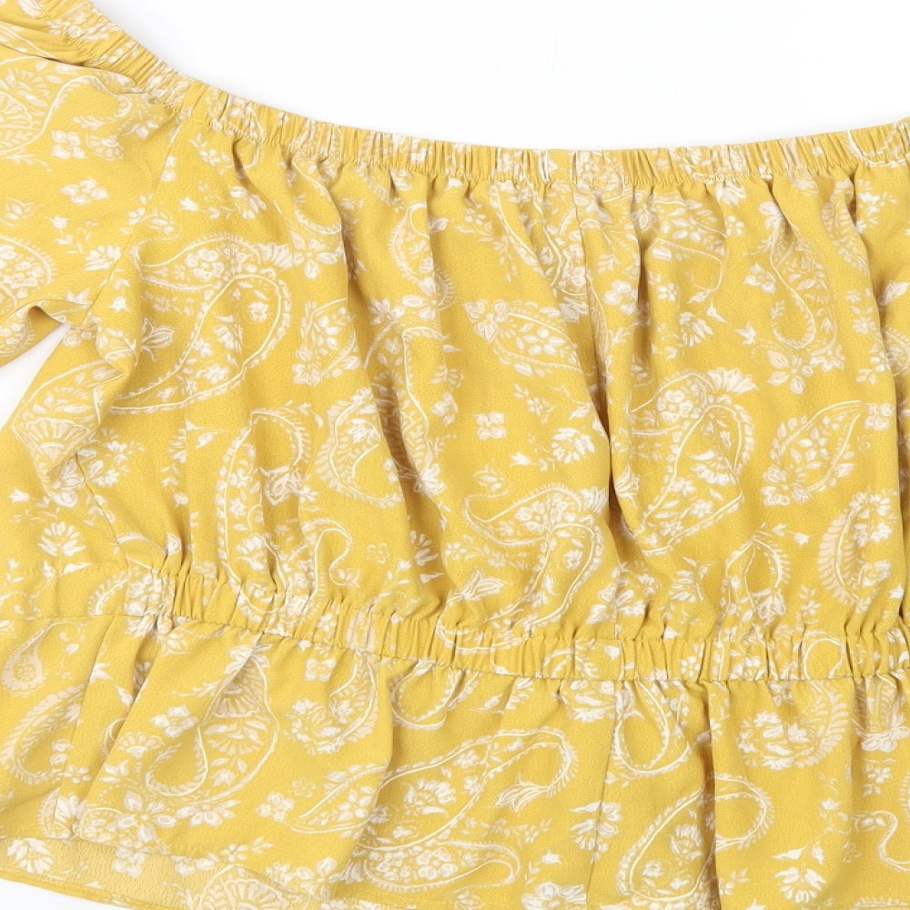Preworn Womens Yellow Paisley Polyester Basic Blouse Size M Off the Shoulder