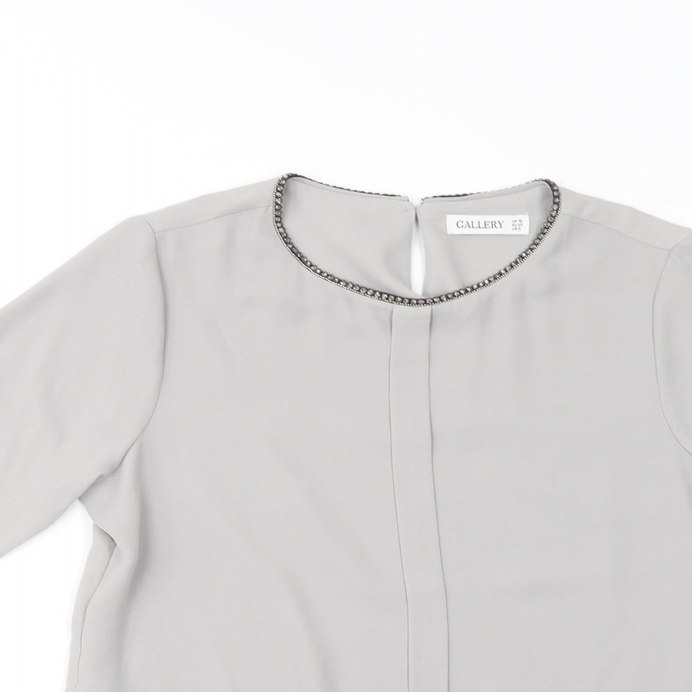 Gallery Womens Grey  Polyester Basic Blouse Size 10 Crew Neck - Embellished Neckline