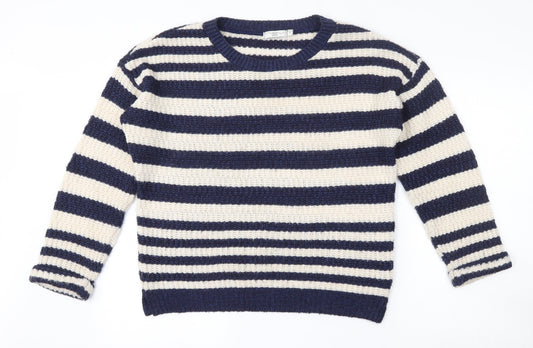 New Look Womens Blue Round Neck Striped Acrylic Pullover Jumper Size 8