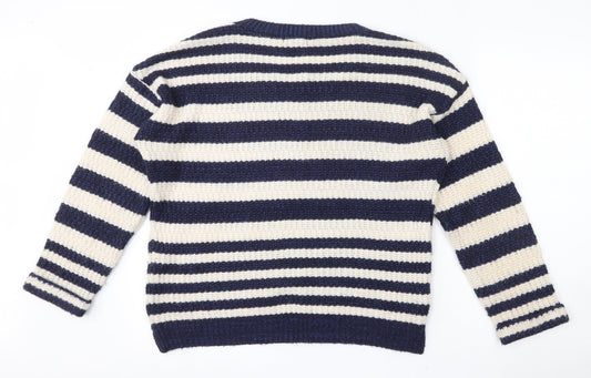 New Look Womens Blue Round Neck Striped Acrylic Pullover Jumper Size 8
