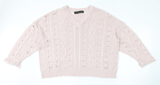 Religion Womens Pink V-Neck  Cotton Pullover Jumper Size 8