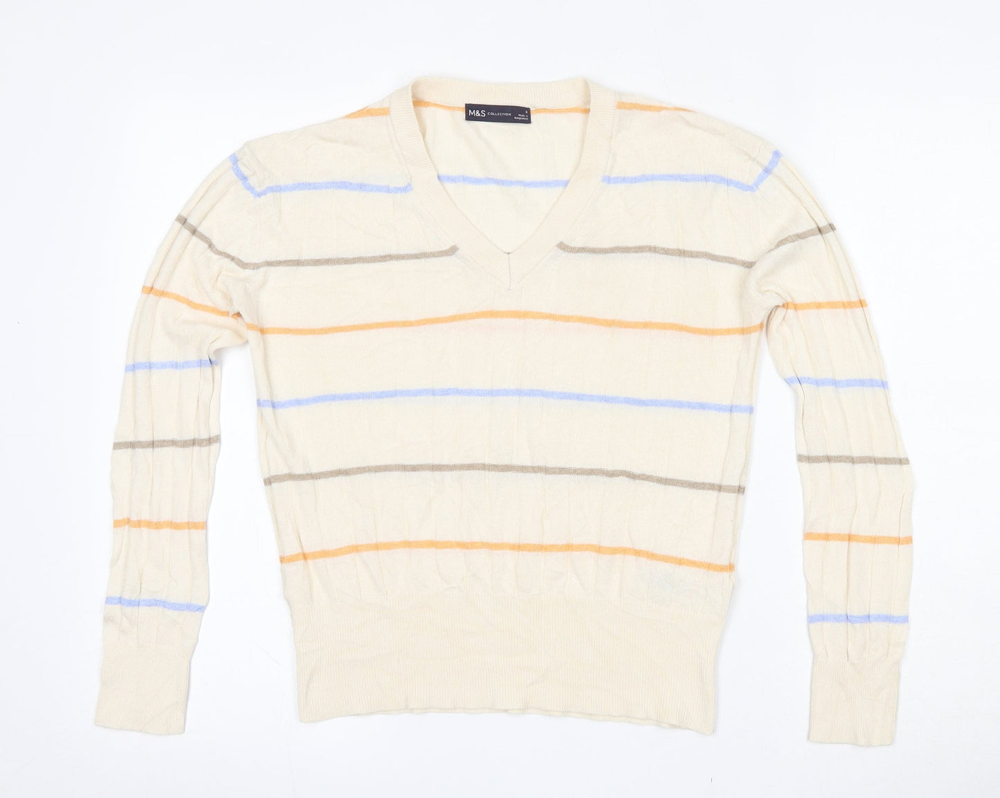 Marks and Spencer Womens Beige V-Neck Striped Viscose Pullover Jumper Size S