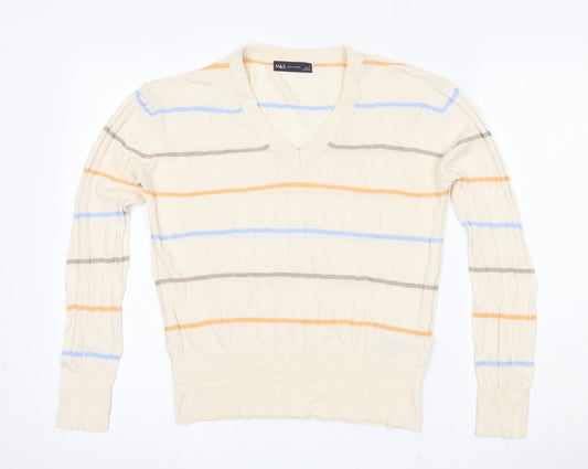 Marks and Spencer Womens Beige V-Neck Striped Viscose Pullover Jumper Size S