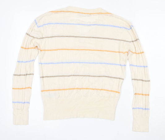 Marks and Spencer Womens Beige V-Neck Striped Viscose Pullover Jumper Size S